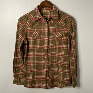 Women's Wrangler Khaki Green Plaid Pearl Snap Western Shirt Size S
